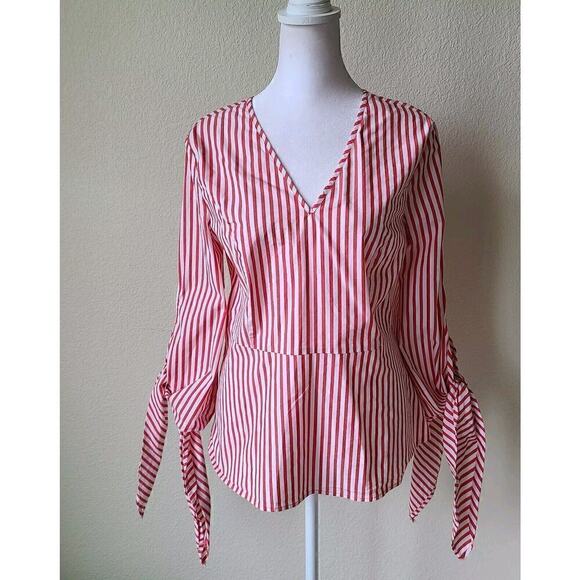 Universal Standard X J Crew Top XS Preppy Work Career Poplin Tie-Sleeve Striped - Picture 3 of 12